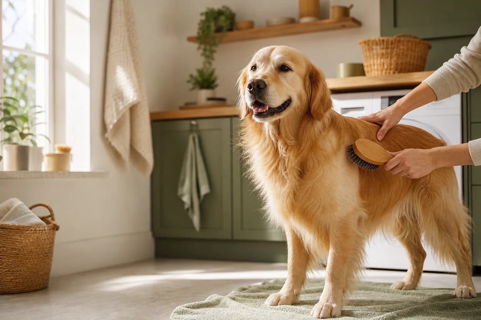 Brushing a calm dog at home in soft morning light